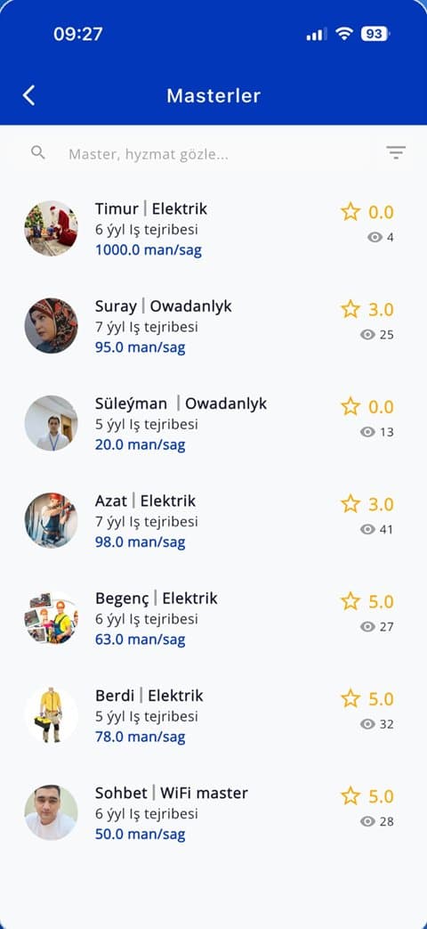 Список мастеров в приложении Hyzmat