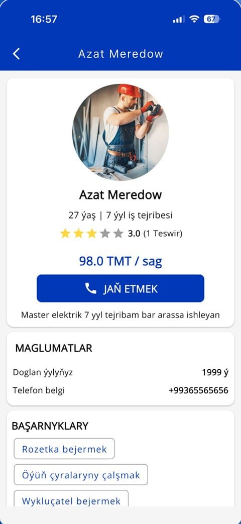 Профиль мастера в приложении Hyzmat